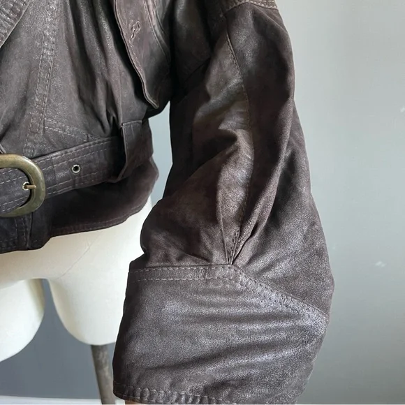 Vintage Lamb Leather Draped Jacket Belted Brown Cropped Moto Oversized Biker - Picture 4 of 10